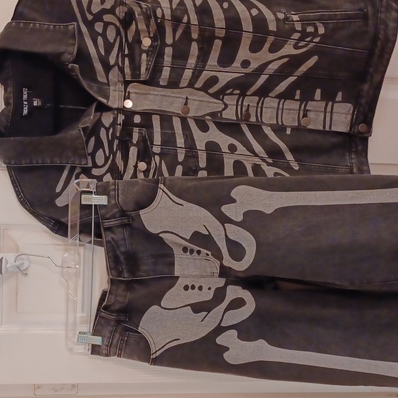 DOLLSKILL TRICKZ N TREATZ XXL WIDE LEG HIGH WAISTED PANTS SKELETON BONES GREY - Picture 13 of 14